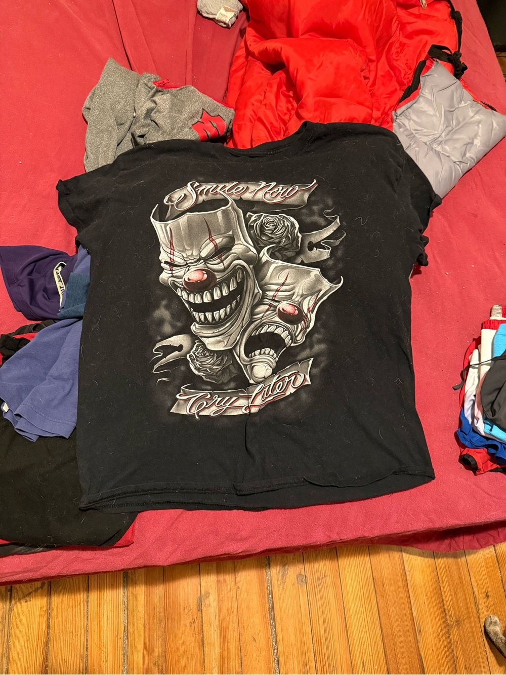 Black Short Sleeve Graphic Tee with Clown Mask Design